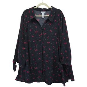 Catherines Womens 4X Black Cardinal Bird Print Button Down Shirt Top Tie Sleeves